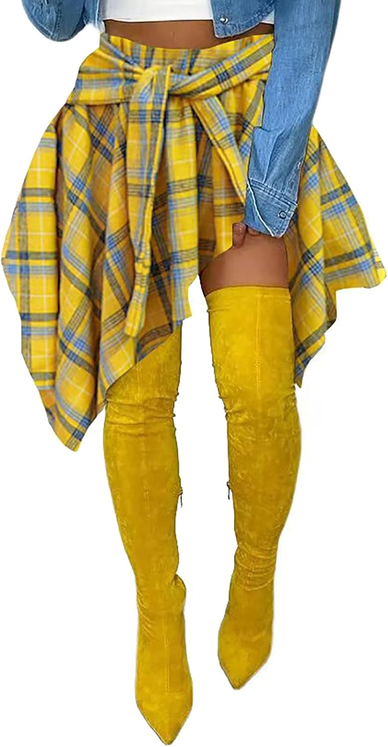 Womens Plaid Skirts Elastic High Waist Tie Front Asymmetrical Hem Pleated Mini Skirt