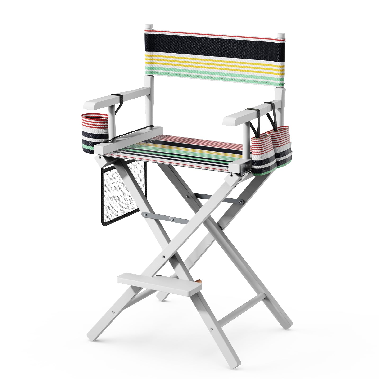 Bonnlo 26 inch Make Up Chair Professional for Makeup Artist 66cm Hight, Directors Chairs Folding, with Portable Storage Side Bags & Footrest, Solid Hardwood & Polyester, Colorful, White Frame