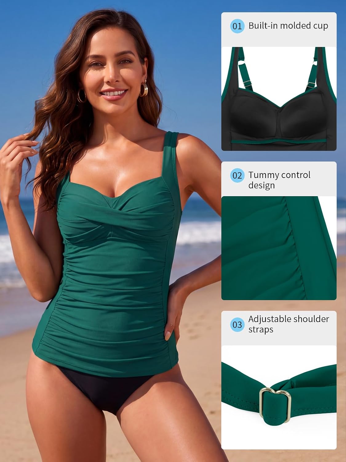 RELLECIGA Women's Tummy Control Tankini Top Twist Bathing Suit Top Ruched Swimsuit