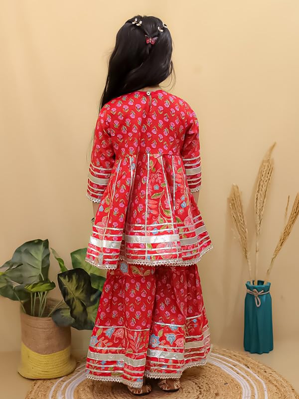 Image of superminis Girls Cotton Floral Printed Gotta Work 3 /4 Sleeves Flared Design Kurti & Sharara Set