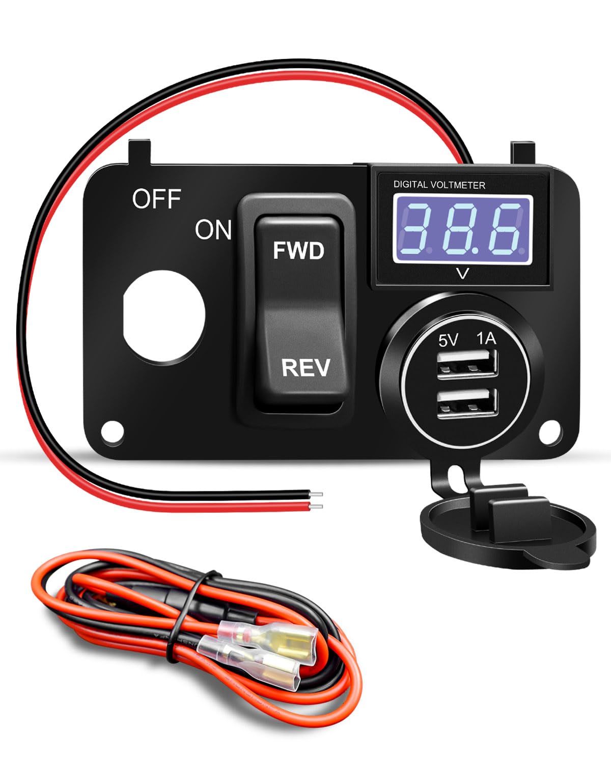 Golf Cart Key Switch Console Panel Fits for EZGO TXT PDS Medalist, 3 in 1 Key Switch Plate with DC 12V-90V 2.1A Dual USB Charger Sockets, Forward Reverse Switch, LED Wide Range Digital Voltmeter