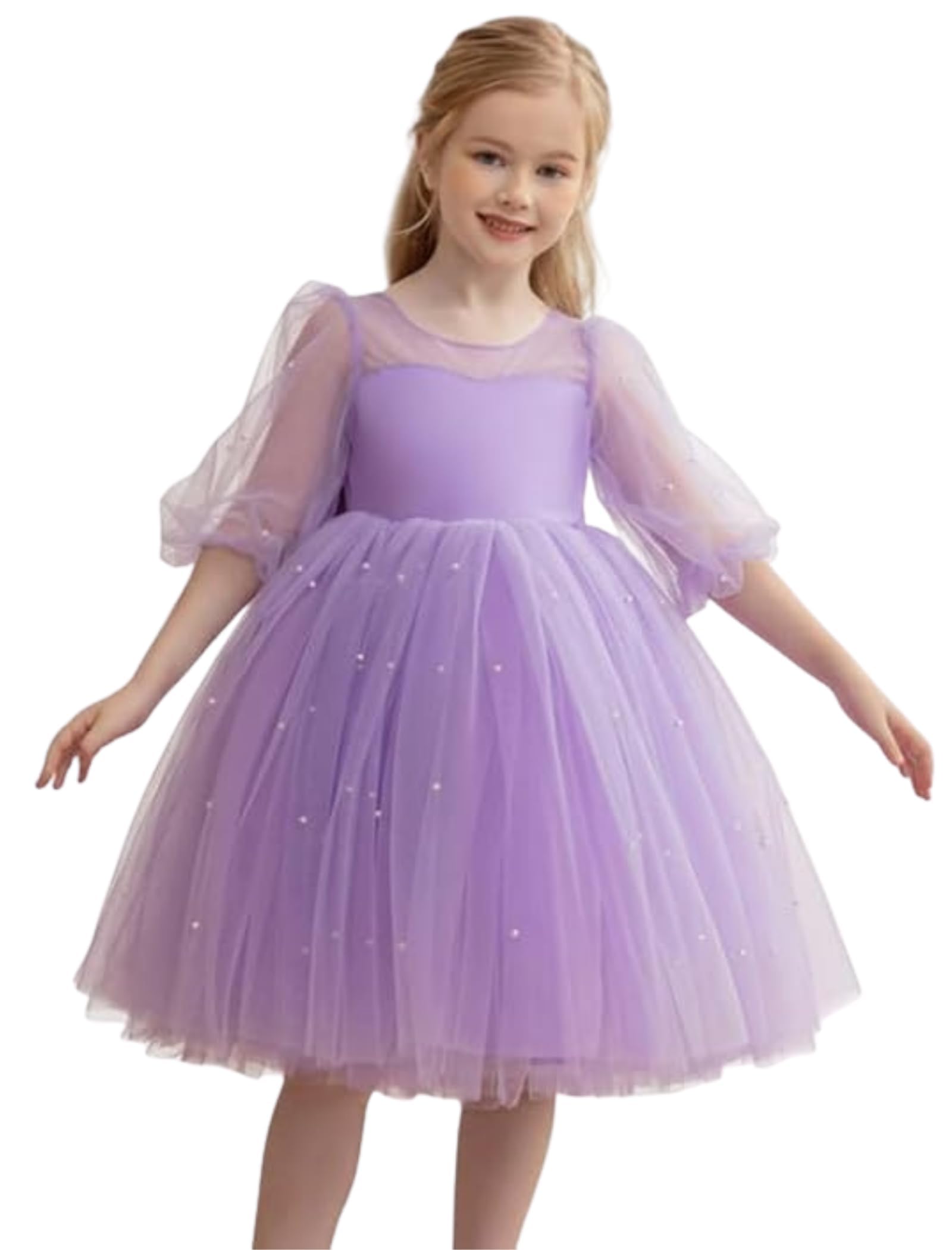 Niren Enterprise Girls Pearl Embellished Flutter Sleeve Party Gown - Solid Tulle Formal Dress Featuring Sheer Mesh Accents and Statement Oversized Back Bow-image-16