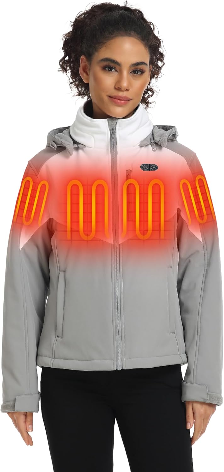 ORORO Women's 5 Heat Zones Dual Control Heated Jacket, Heated Coat with USB-C Rechargeable Battery