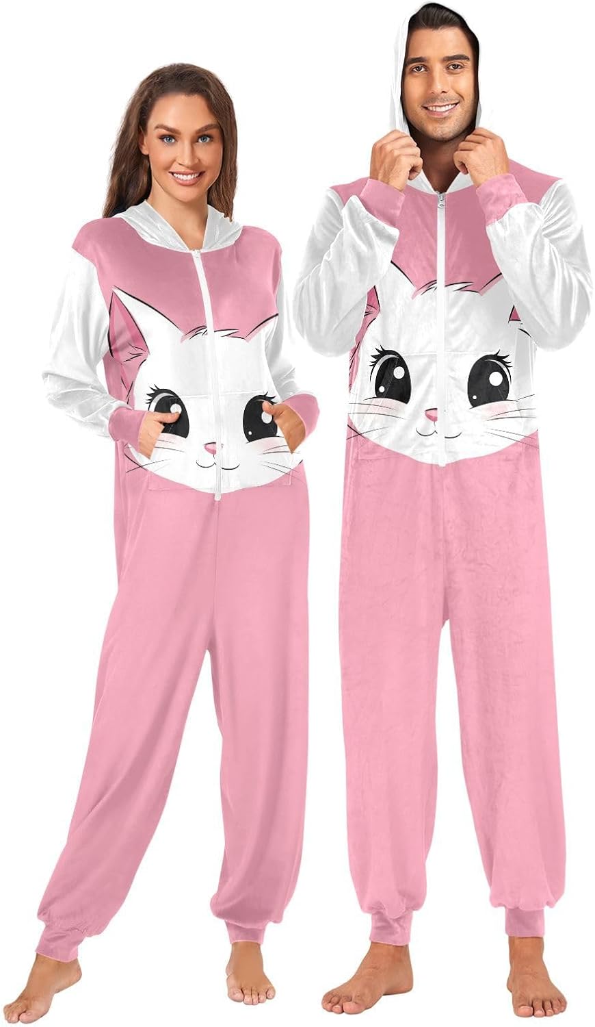Cartoon White Cat Face Pink Zipper Hooded Adult Jumpsuit Pajamas with Pockets XS-3XL