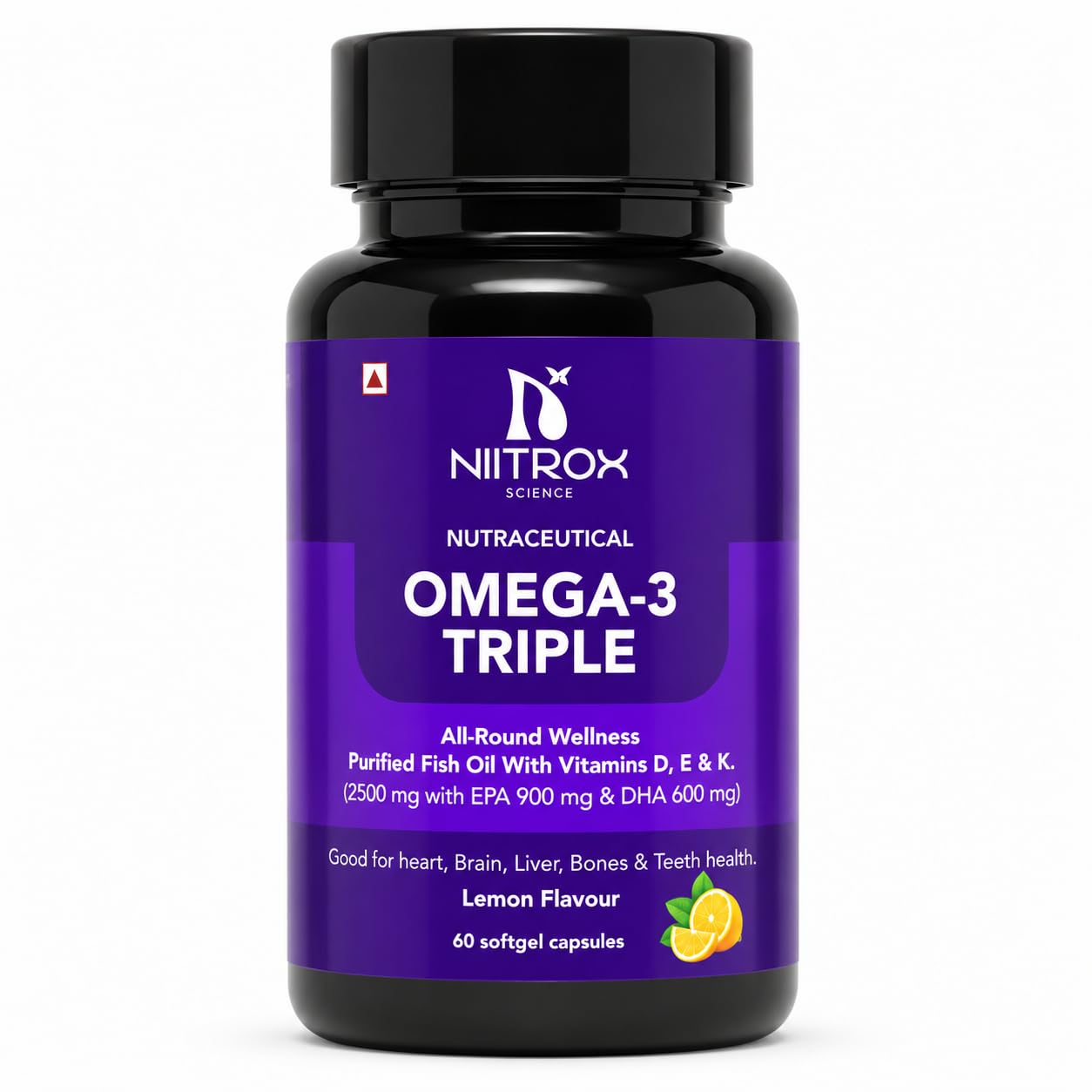 NIITROX SCIENCE Triple Strength Omega 3 Fish Oil capsules 2500mg | 900mg EPA & 600mg DHA with Vitamin D, E & K | Heart, Brain, Immunity, Bone & Metabolism Support | Lab Tested | 60 Softgels