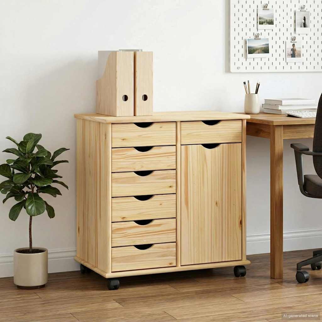 Armario multiusos de madera maciza de pino acabado marrón con cajonera