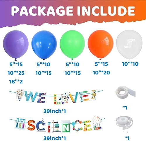 Miniatura 2 de Decoración de globos de fiesta de ciencia, kit de arco de globos de arco iris de 141 piezas con texto en inglés We Love Science para niños, ciencia