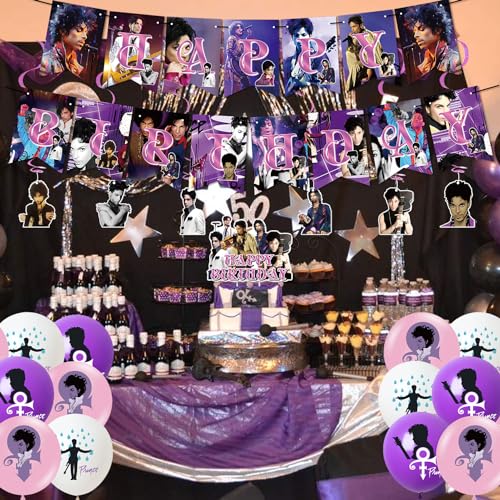 Image of Prince Singer Party Decorations, Rock Singer Theme Birthday Banner Honeycomb Centerpieces Hanging Swirls Party Latex Balloons for Fans Birthday Baby Shower Party Supplies