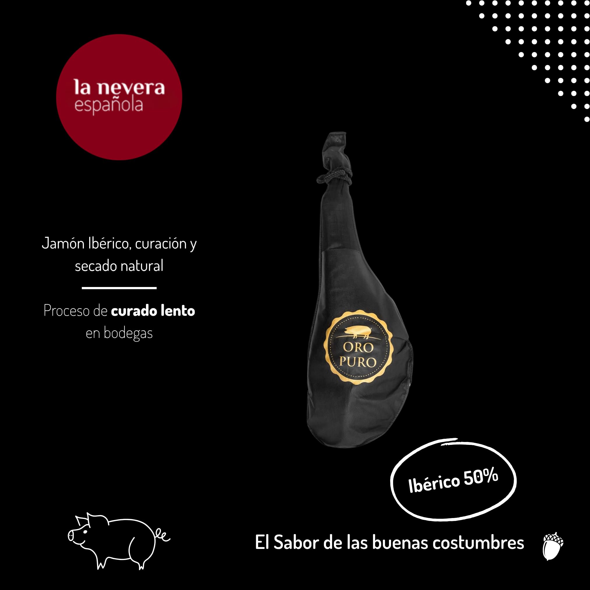 Oro Puro - Jamón de Cebo Ibérico 50% Raza Ibérica - Pieza de 9 kg Aprox con Curación + 24 meses y Secado natural - Cerdos en Régimen Extensivo