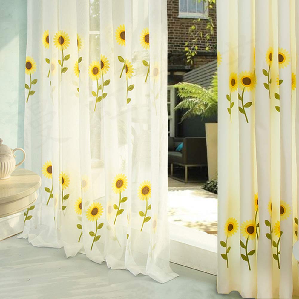 Rideau tournesol brodé coton lin 300x270 | Voilage fenêtre floral style pastoral tamisant