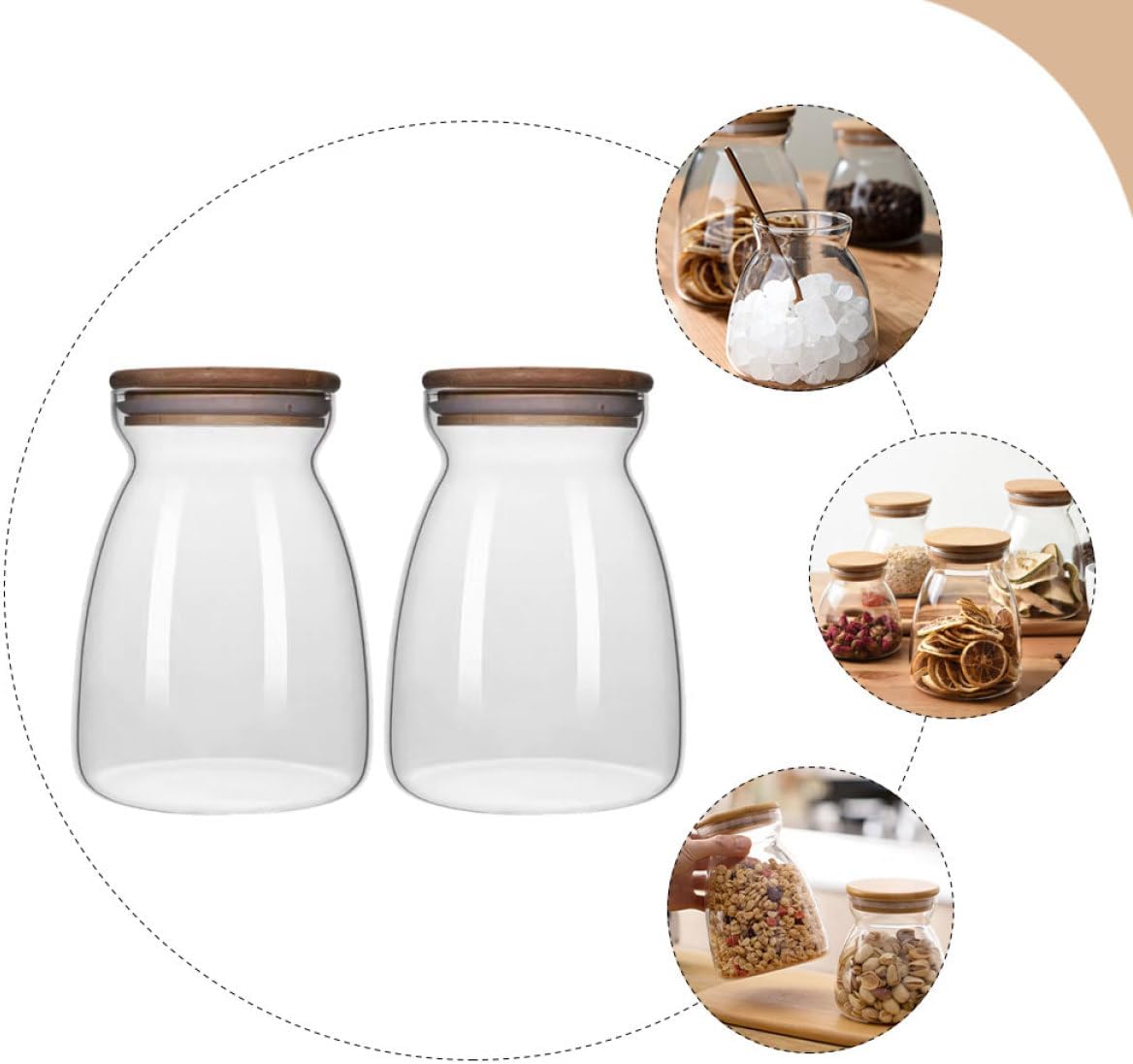 Household Grain Canister and Glass Storage Jar 2pcs 1000ml with Wood Lid Airtight Sealing Kitchen Food Storage Containers for Cereal Snacks and Dried Fruits