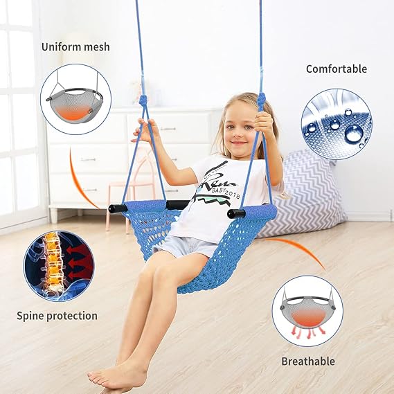 Hand-Knitting Toddler Swing, Swing Seat for Kids with Adjustable Ropes, Little tikes Swings Set, for Outdoor Indoor, Playground, Backyard (Blue)