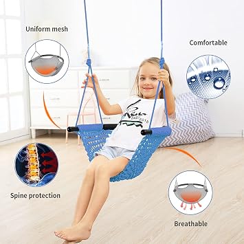 Hand-Knitting Toddler Swing, Swing Seat for Kids with Adjustable Ropes, Little tikes Swings Set, for Outdoor Indoor, Playground, Backyard (Blue)