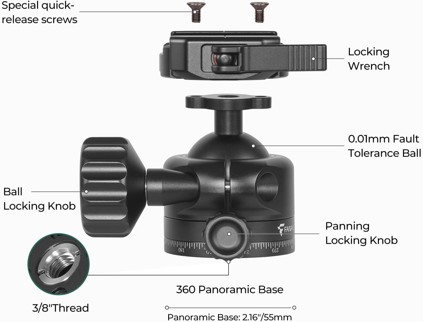 FANAUE XB-40T Tripod Ball Head Mount Compatible with Arca Swiss Quick Release Plate 3/8" Thread Mount 360 Panorama Rotation for Tripod Monopod DSLR Camera Camcorder Telescope
