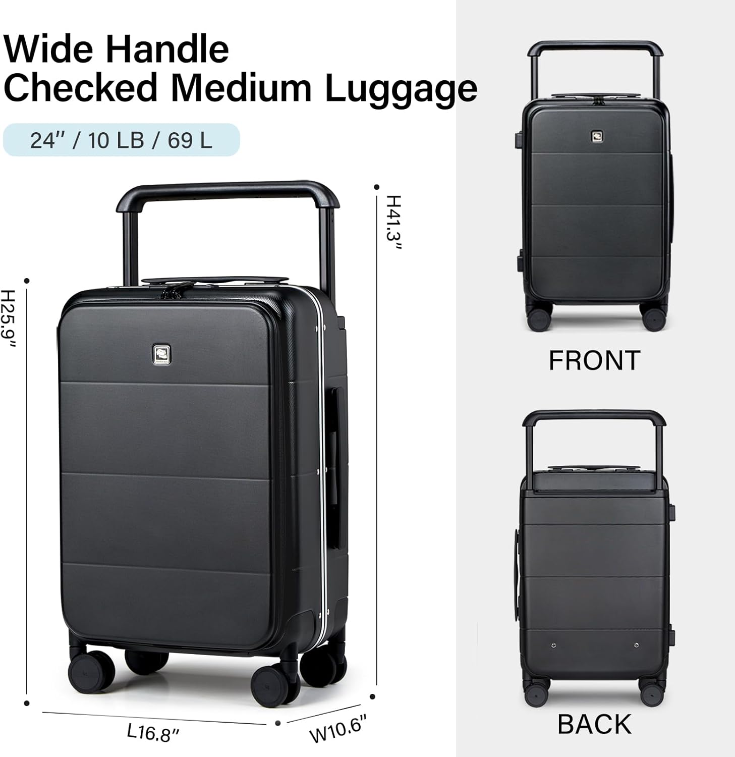 Hanke Top Opening 24 Inch Luggage with Spinner Wheels, Aluminum Frame All-PC Hard Shell Medium Suitcase, Trunk Wide Handle Luggage for Travel, TSA Checked-Medium (Jet Black, 69L)