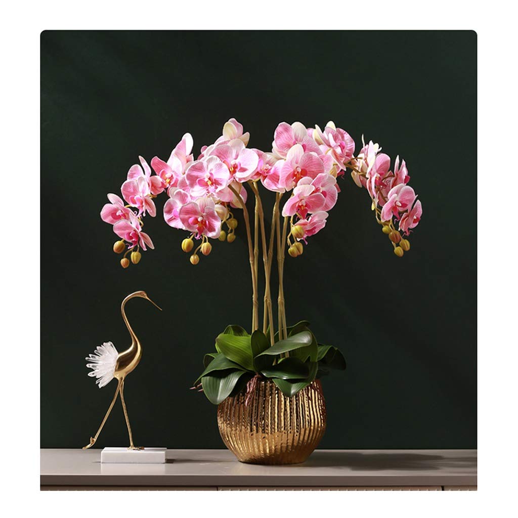 Orquídea Artificial Phalaenopsis con Maceta Dorada, Flores Falsas, Ramo de Flores de plástico para el hogar, jardín, Fiesta, arreglos de Flores Artificiales, Adornos