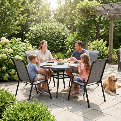 Image of VICLLAX Metal Outdoor Dining Table for 4, All Weather 40.7 inch Black Round Patio Table with Adjustable Umbrella Hole for Lawn, Garden, Balcony and Poolsides, GreyTabletop