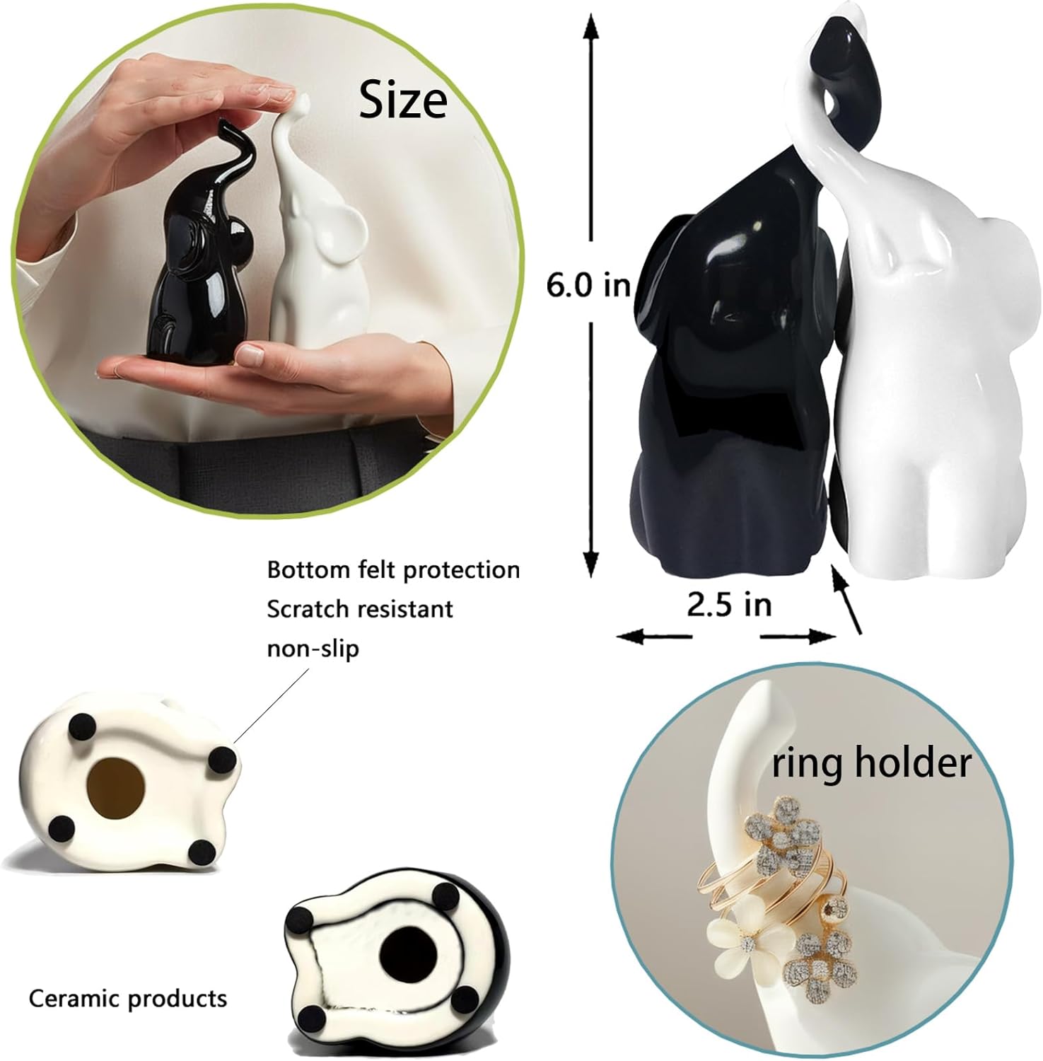 Ceramic Elephant Statue Decor - 6" Black & White Elephant Ring Holder Figurines for Living Room, Bedroom, Office Shelf - Valentine's Wedding Gift Ornaments, Anniversary Home Décor Accents