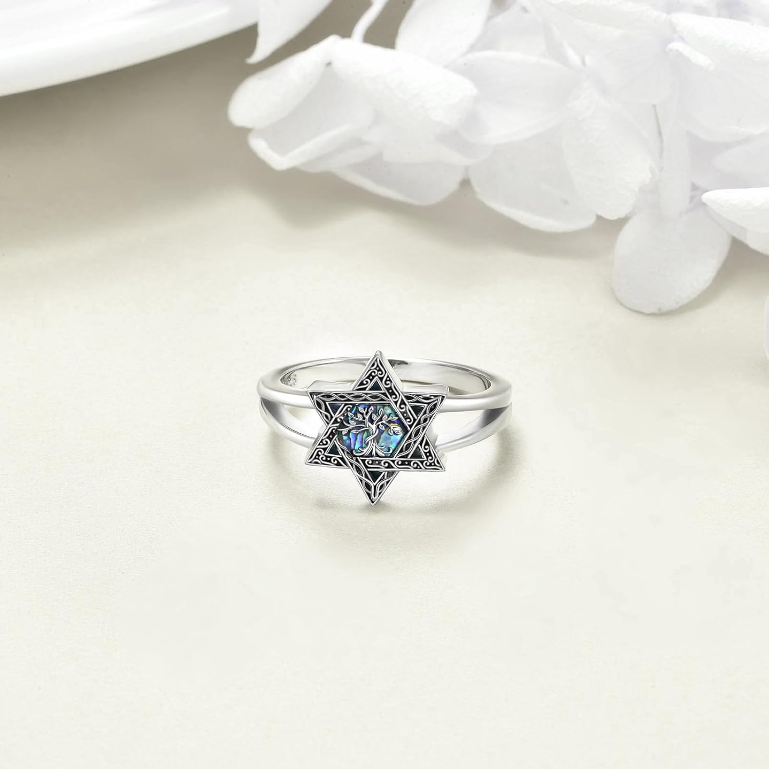 CRMAD Star Of David Ring For Women Sterling Silver Tree of Life Abalone Shell Jewish Jewelry