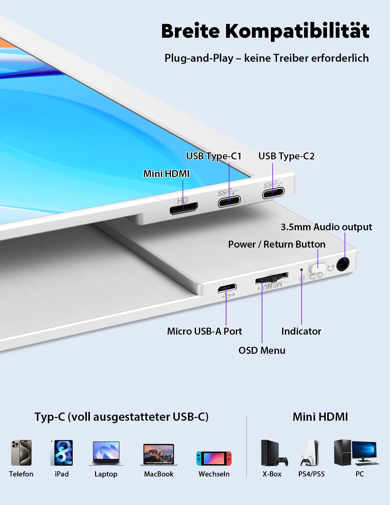 MAGICRAVEN Tragbarer Monitor, 15.6" 1080P FHD Laptop Bildschirm Erweiterung Monitore IPS, Portable Monitor mit Lautsprecher, Mobiler Monitor für Laptop/Handy/PS45/X-Bo mit HDMI/USB C & Metallständer