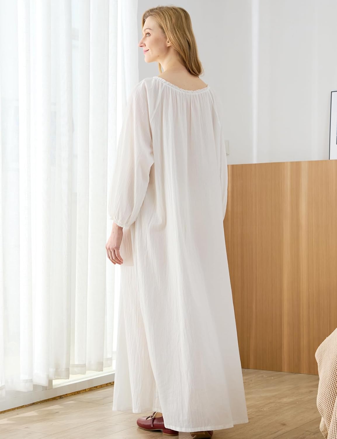 Victorian Crepe Cotton Nightgown for Women Long Sleeve Maxi Sleep Dress with Lace Trim Slightly Transparent