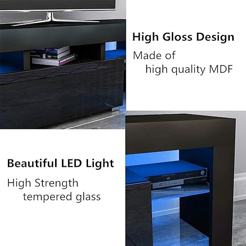 Miniatura 4 de Soporte de TV negro con luz, centro de entretenimiento con cajón de almacenamiento para TV de 55 pulgadas, soporte de TV de alto brillo con estante