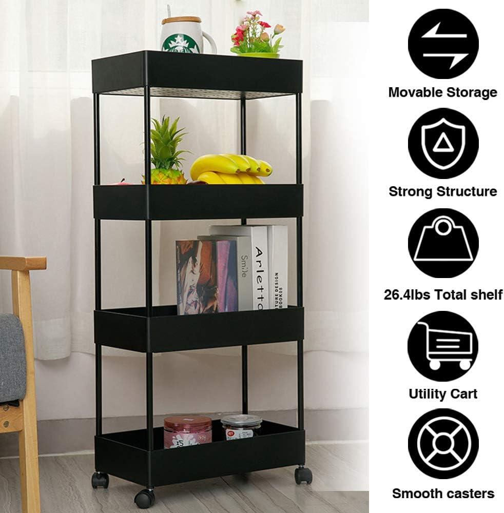 NiDream Bedding 4-Tier Utility Cart, Slim Rolling Storage Cart, Rolling Storage Organizer, Rolling Cart with Shelves, Easy Assembly for Kitchen, Bathroom, Office, Black