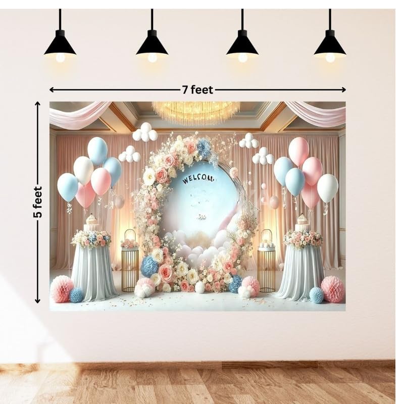 Image of Welcome Baby Floral Balloon Photography Backdrop - Elegant Decoration for Baby Celebration and Newborn Photo Background