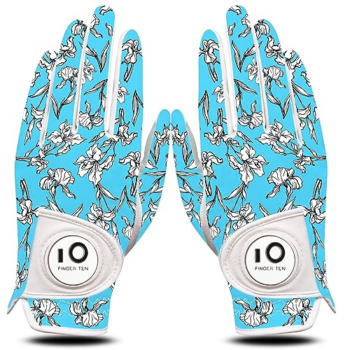 FINGER TEN Golf Gloves Ladies Pair for Left and Right Hand Leather,Golf Gloves for Women Weathersof Comfortable (Green, Large)