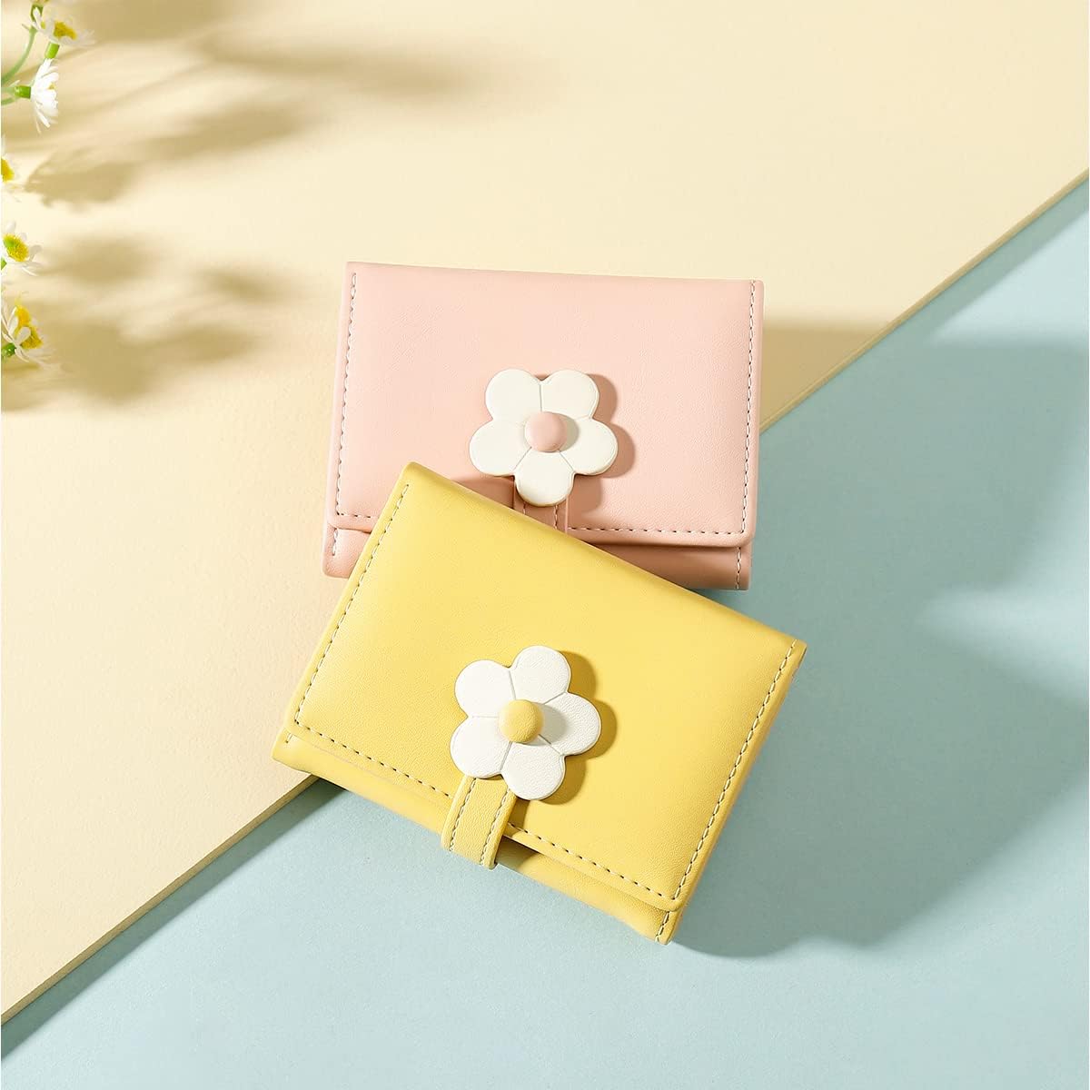 Sunwel Fashion Small Cute Wallet Slim Wallet ID/Photo Window Card Holder with 3D Flower Pattern Buckle for Women Girls (PINK)