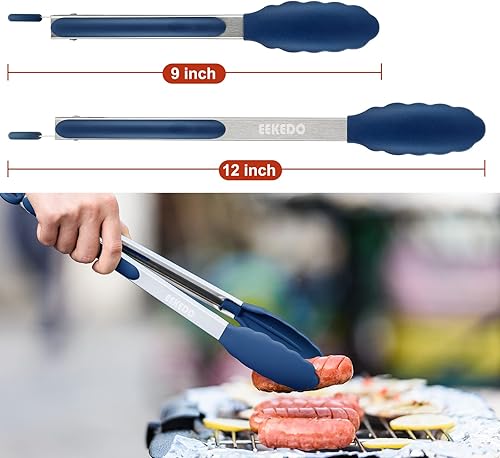 Miniatura 6 de Pinzas de cocina, pinzas de silicona de acero inoxidable para cocinar a 600F de alta resistencia al calor, pinzas de bloqueo para barbacoa, juego de