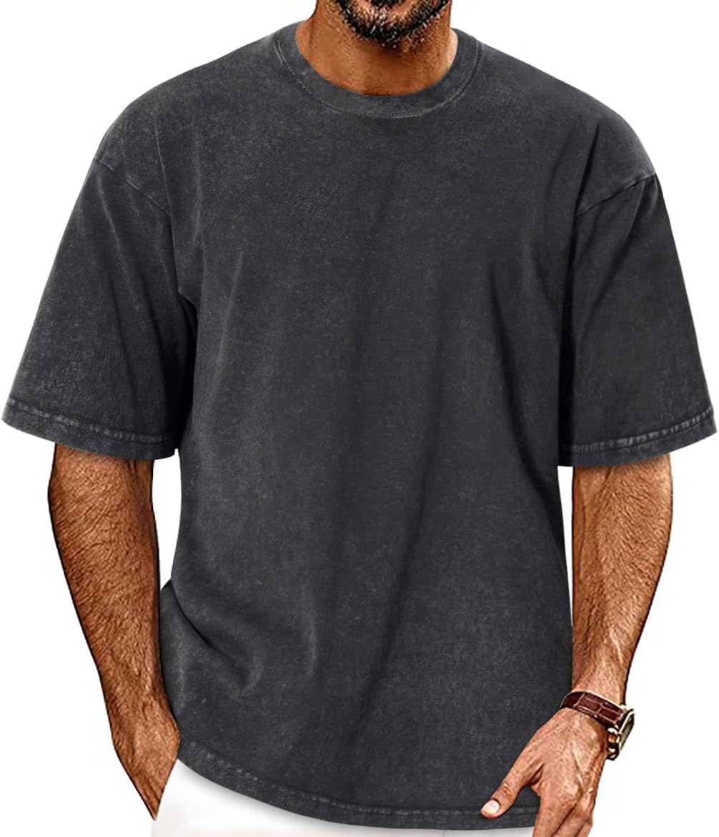 Oversized Tshirts for Men Short Sleeve Vintage Washed Basic Loose Tees, Solid Black, L