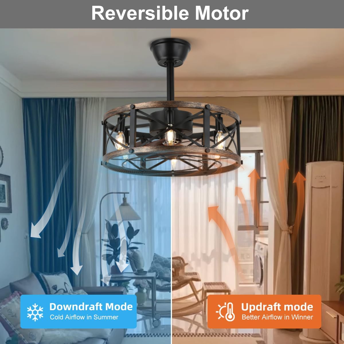 Diagram showing reversible motor function for downdraft (summer) and updraft (winter) modes.