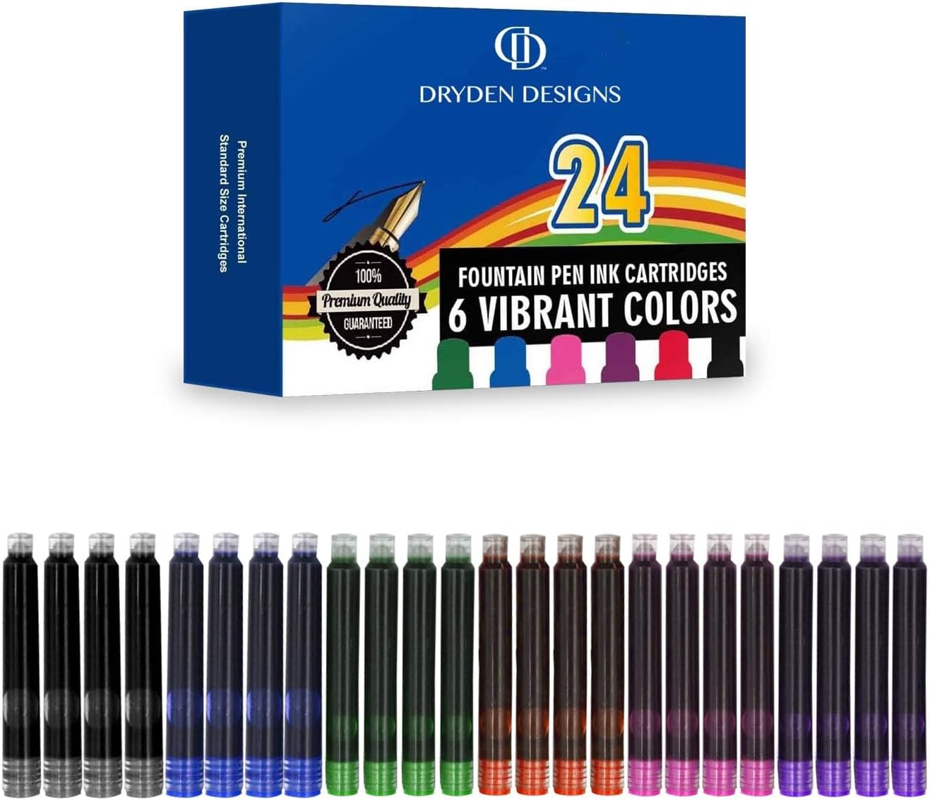 Dryden Designs Fountain Pen Ink Cartridges - Assorted Colors: Black, Blue, Green, Purple, Red, Pink - Short International Standard Size - Disposable and Generic Ink Refill Cartridges
