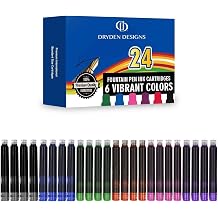 Dryden Designs Fountain Pen Ink Cartridges - Set of 24 Assorted Colors Black, Blue, Green, Purple, Red, Pink - Short International Standard Size - Disposable and Generic Ink Refill Cartridges.