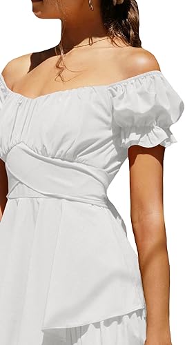 Miniatura 5 de LYANER - Vestido mini fruncido de manga corta con hombros descubiertos, atado en la espalda y con capas para mujer