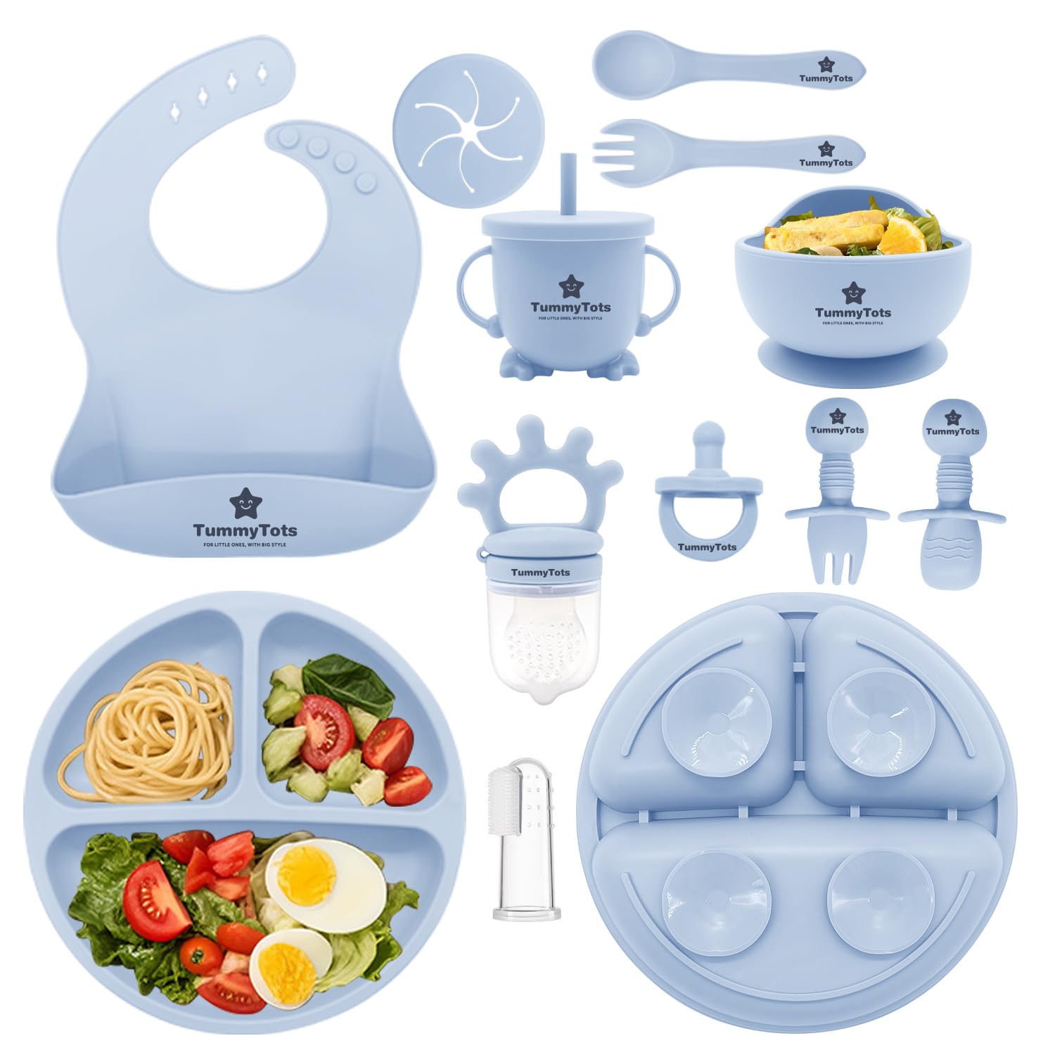 TummyTots 12Pcs Blue Baby Weaning Set, Feeding Set w/Baby Bowls for Weaning Baby Plates with Suction, Baby Cutlery - Image 2