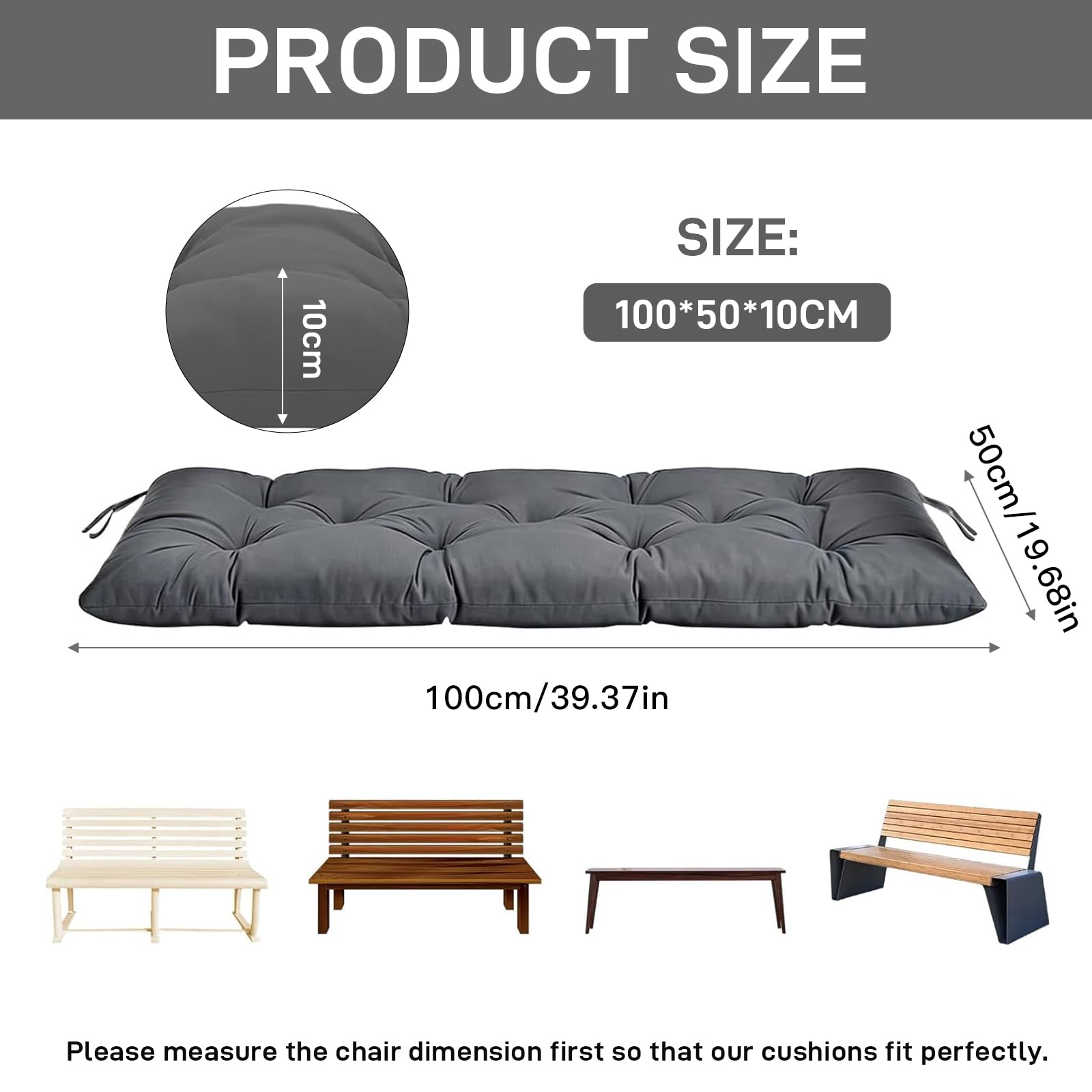 Cuscino per panca da interni ed esterni, 100 x 50 x 10 cm, impermeabile, con laccetti, cuscino per dondolo da giardino, per panca da giardino