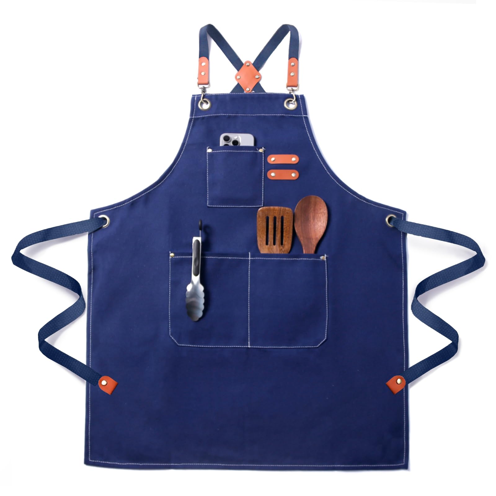FortuWrap Chef Apron for Men Women with Pockets,Cross Back Cotton Canvas Plus Size Apron for Cooking BBQ Baking Gardening(Blue)
