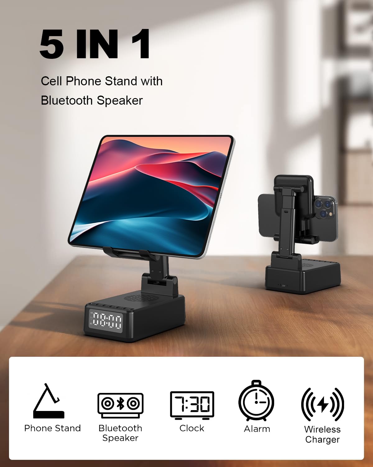 Enceinte Bluetooth Portable 5 en 1 avec Reveil Matin, Chargeur sans fil, Support pliable pour téléphone