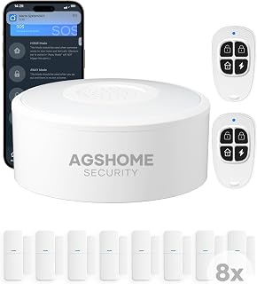 AGSHOME Alarmanlage 11-teilig, WLAN Smart Home Sicherheitssystem mit lauter Sirene (120 dB), 8 Tür-/Fenstersensoren, 2 Fernbedienungen, 8 h Notstrom, kompatibel mit Alexa & Google, Keine Gebühren