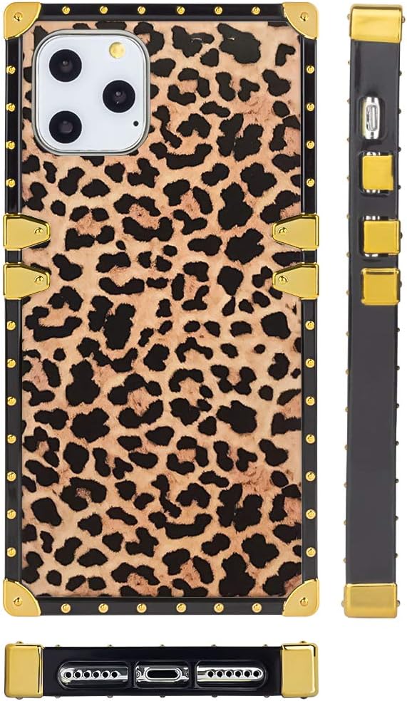 Square Case Compatible iPhone 11 Pro Max 2019 6.5 Inch Leopard Luxury Elegant Soft TPU Full Body Shockproof Protective Case Metal Decoration Corner Back Cover iPhone 11 Pro Max Case