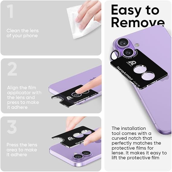 FLOLAB NanoArmour for iPhone 17 Camera Lens Protector Durable, Tempered Glass Camera Cover, Aluminum Camera Ring, Anti Reflective TruColors Ultra Clear, and Easy to Install - Light Purple
