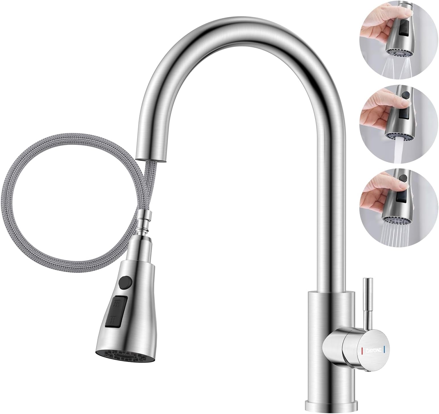 Kitchen Mixer Tap with Pull Out Spray, SUS304 Stainless Steel Sink Taps Mixer with 3 Functions for Kitchen, 360° Swivel Single Handle High Arc Kitchen Faucet, Brushed Steel