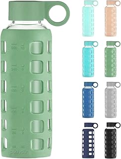 purifyou Premium 32 / 22 / 12 oz Glass Water Bottles with Non-Slip Time and Volume Markings Silicone Sleeve & Stainless St...
