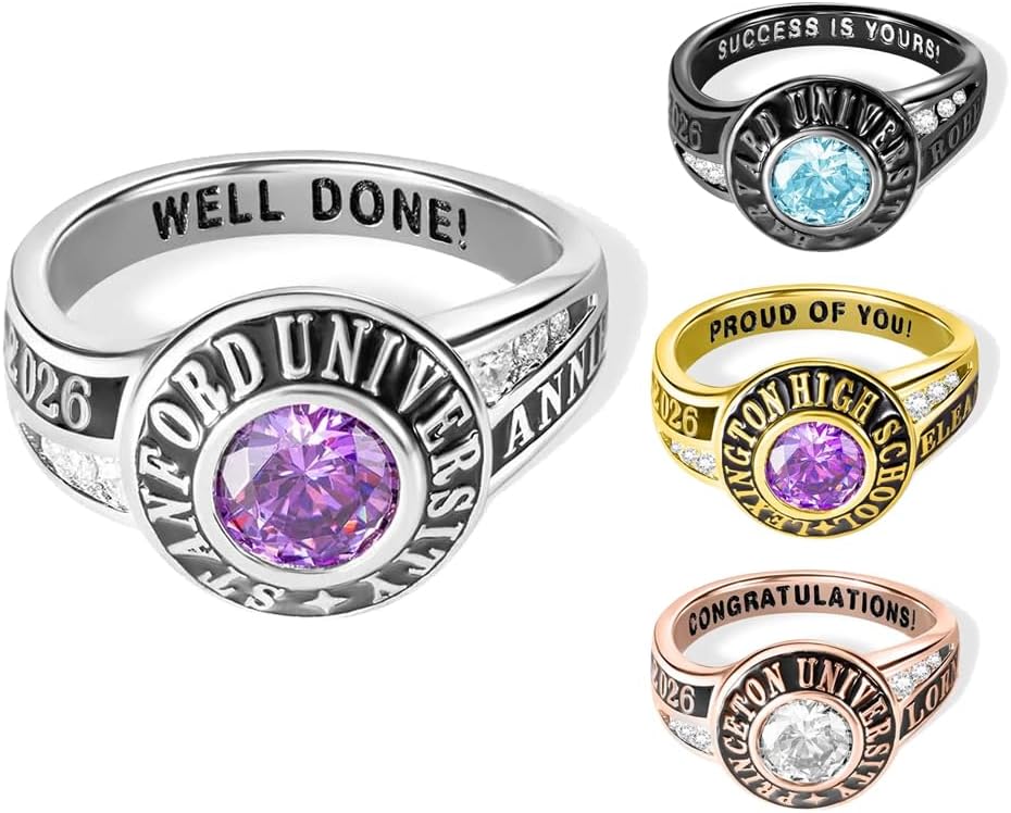 AILIN 925 Sterling Silver/Brass Class Of 2026 2025 Rings For Women Men High School Personalized Birthstone Engraved Graduation Rings College University Jewelry Gifts For Her Teacher