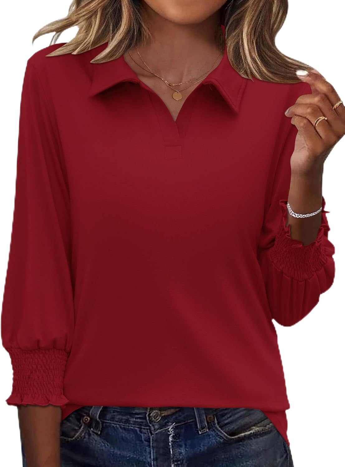 Ivicoer Womens 3/4 Length Sleeves Polo Shirts Collared Tops Business Casual Blouses Basic Tees Trendy Outfits Spring Clothes