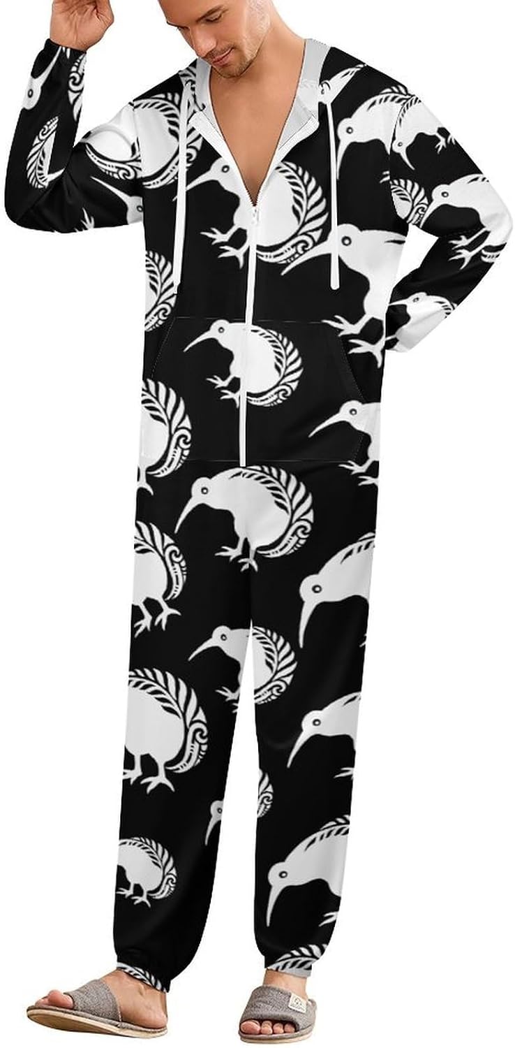 New Zealand Kiwi Fern Adult Pajamas Onesie with Hood Pocket Jumpsuits One Piece Sleepwear