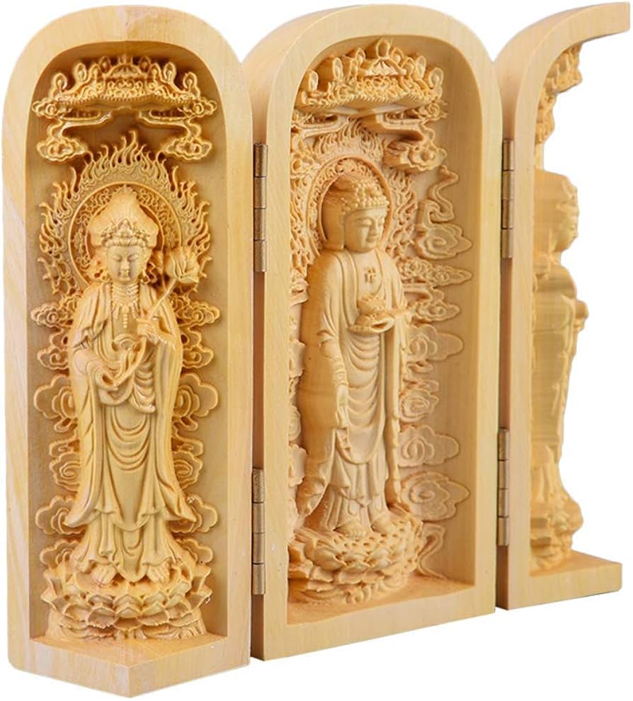 Amazon｜【仏像】 柘植木彫り 置物 三開仏 【勢至菩薩 · 阿弥陀如来
