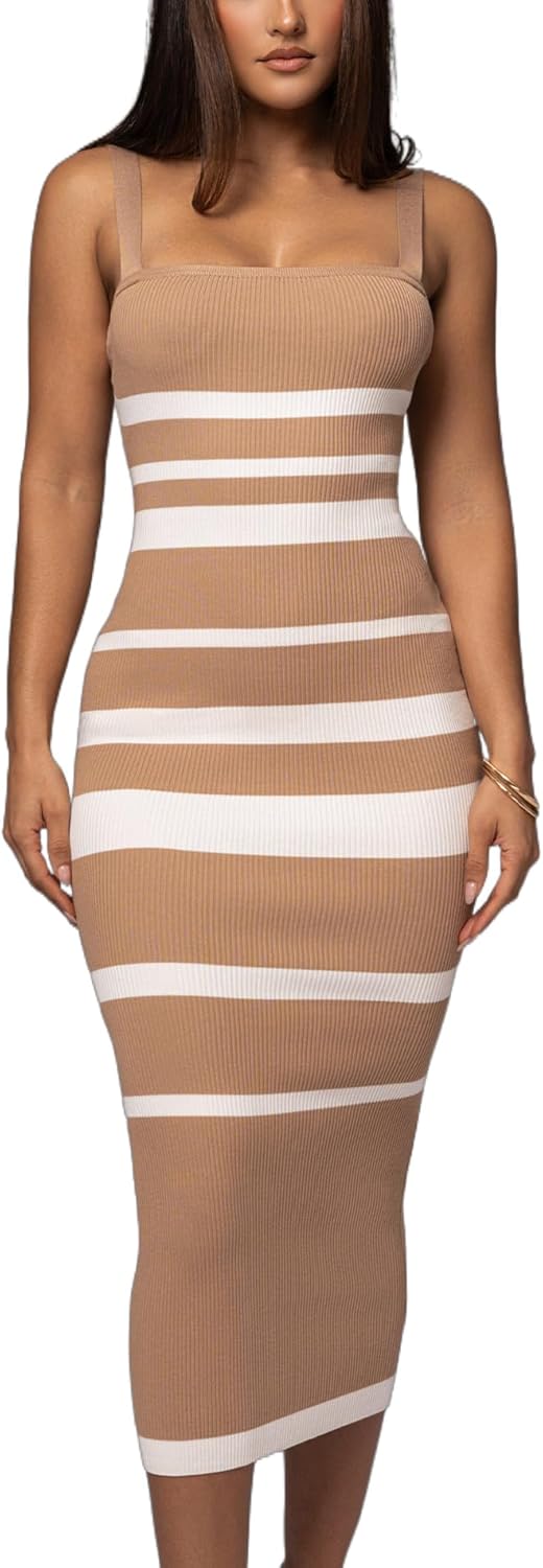 CutieLove Women's Casual Sleeveless Striped Bodycon Midi Dress Square Neck Ribbed Knit Dresses
